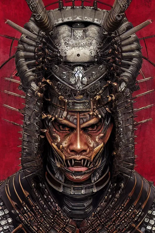 Prompt: digital face portrait painting of a male samurai warrior magus by yoshitaka amano, hajime sorayamai, wlop, samurai armour by h. r. giger, in the style of dark - fantasy, intricate detail, skull motifs, red, bronze, artgerm