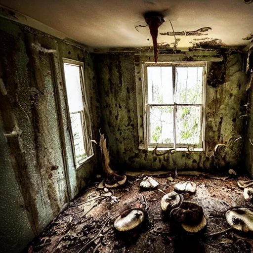 Image similar to a room in a creepy, dilapidated house filled with mushrooms and the decaying bodies of ancient warriors