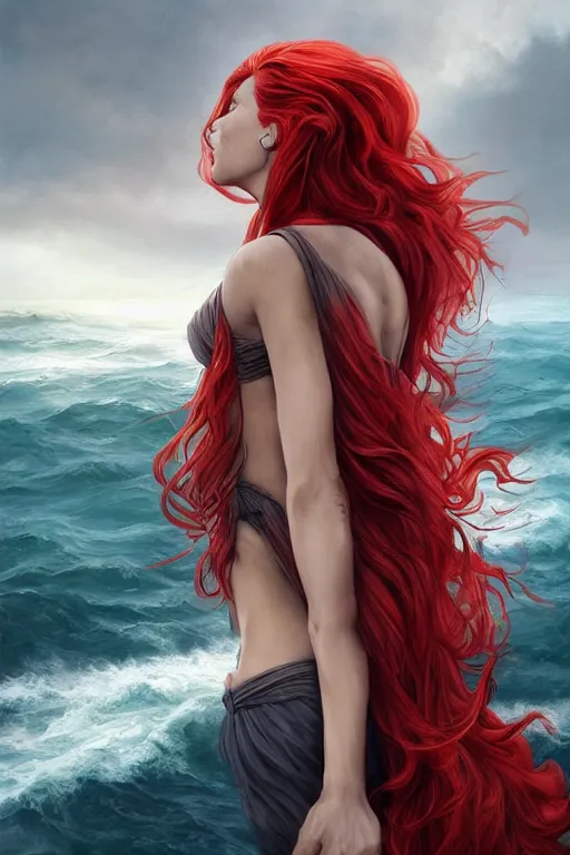 Image similar to a woman with long flowing red hair standing on a cliff overlooking a turbulent sea, artgerm, highly detailed,