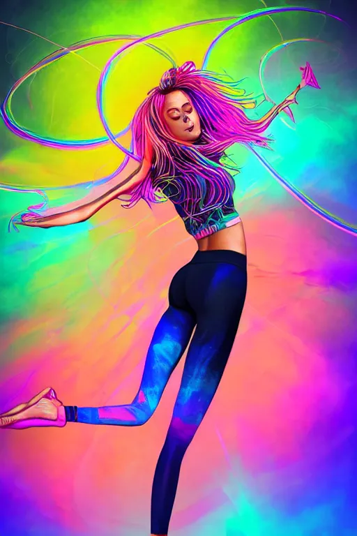 Image similar to a award winning half body portrait of a beautiful woman with stunning eyes in a croptop and leggings with rainbow colored ombre hairstyle head in motion and hair flying while dancing by thomas danthony, surrounded by whirling illuminated lines, outrun, vaporware, shaded flat illustration, digital art, trending on artstation, highly detailed, fine detail, intricate