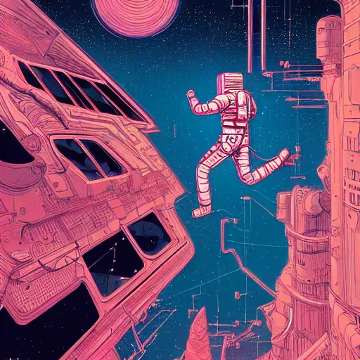 Prompt: !dream Stunningly intricate illustration of a scared astronaut explorer running in Mars trough 3 columns of white neon light of infinite height, highly detailed, midnight, by Victo Ngai and James Gilleard , Moebius, Laurie Greasley