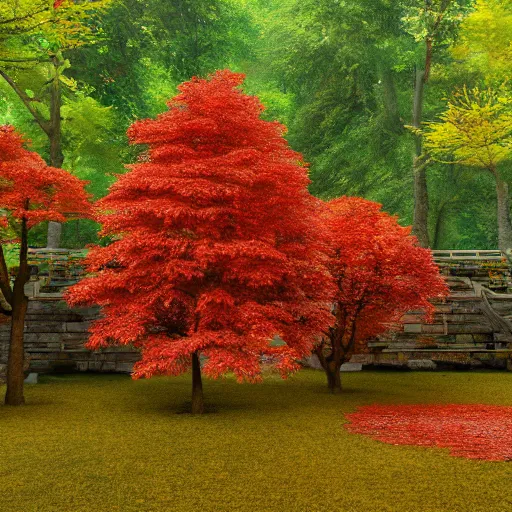 Prompt: cozy tang dynasty shrine in a maple forest during autum, red leaves, award winning fantasy concept art, high octane render, 8k resolution, high definition