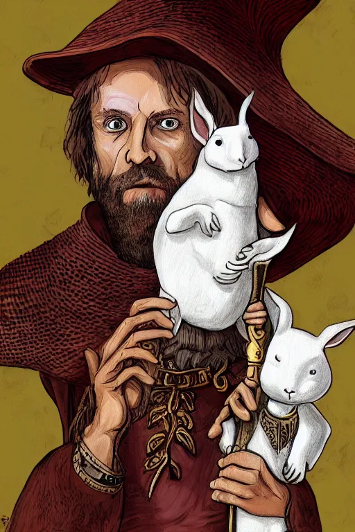 Prompt: tim the enchanter from monty python and the holy grail holding a white rabbit, digital painting, highly detailed