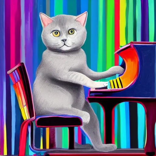 Prompt: oil painting portrait of a grey british shorthair cat fully body playing the piano with colorful abstract background with musical notes digital art concept art 4 k