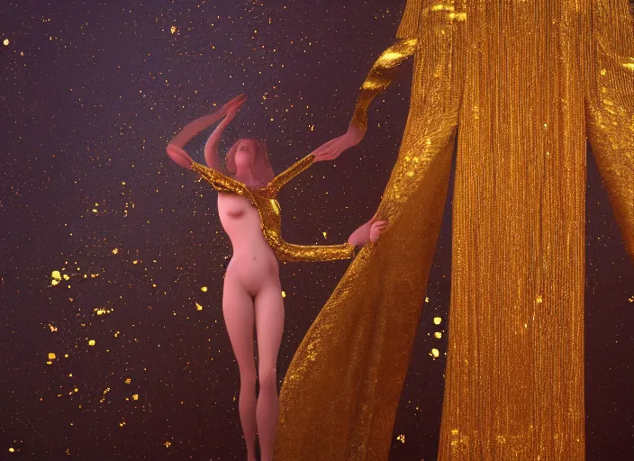 Prompt: !dream Figure cyborg with flowing golden robes and light beams, volumetric lighting, By Gustav Klimt, Monet, cg, Octane render, 4K, Yoshitaka Amano, James Jean