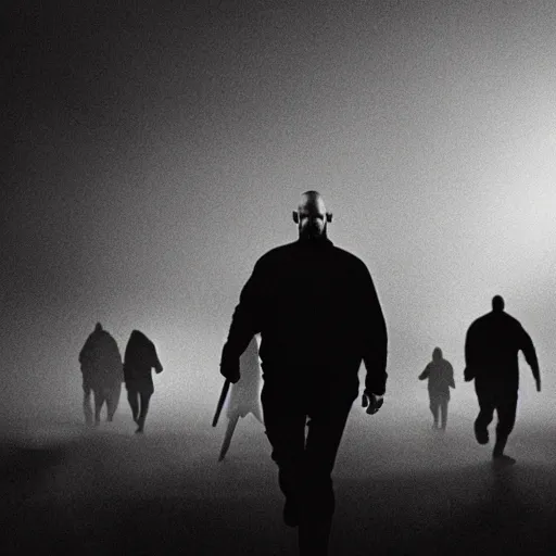 Prompt: a photo of a bald man with a pointy beard running away from horde of scary zombies, cinematic lighting, documentary footage, 5 0 mm lens, shallow depth of field, still from 2 8 days later