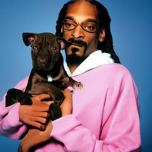 Prompt: Snoop Dogg holding a puppy pitbull for a 1990s sitcom tv show, Studio Photograph, portrait, C 12.0