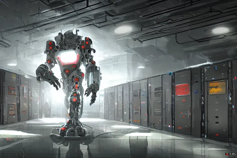 Image similar to parallax datacenter server room single mono colossus white rusty android robosaurus guard in artstation cinematic detailed concept art volumetric light sharp coherent cgsociety symmetric perfect server equipment