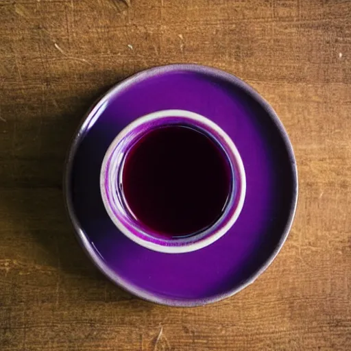 Prompt: a cup of a purple liquid on a wooden table