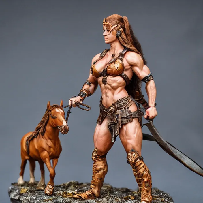 Image similar to 80mm resin detailed miniature of a Muscular Woman warrior with a Horse, Product Introduction Photos, 4K, Full body, simple background