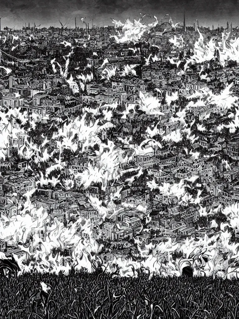 Prompt: field on fire in foreground, demons attacking humans in foreground, small town in destroyed in background, black and white, manga