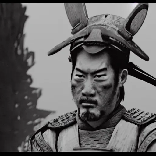 Image similar to photorealistic white rabbit samurai with angry face in seven samurai, film still, Usagi Yojimbo