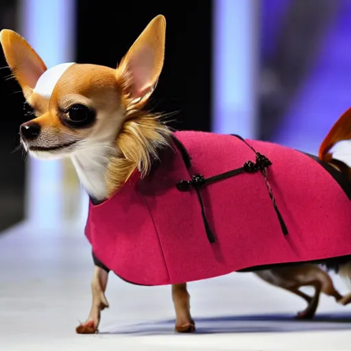 Prompt: Chihuahua dog fashion model walks the runway in avant garde outfit