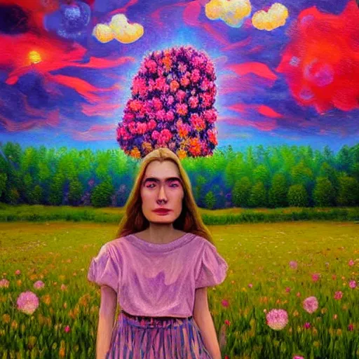 Prompt: girl with a huge flower as a face, surreal photography, dream, standing in flower field, hills, big trees, sunrise dramatic light, impressionist painting, colorful clouds, digital painting, pointillism, artstation, simon stalenhag, flower face