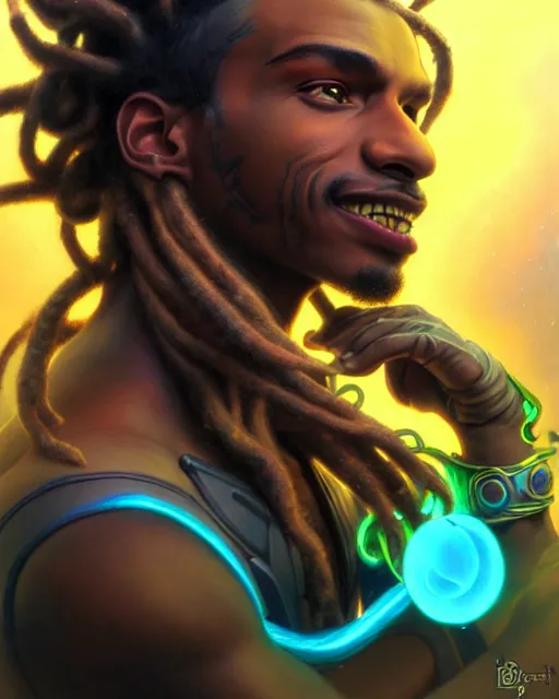 Image similar to lucio from overwatch, dreadlocks, fantasy, fantasy art, character portrait, portrait, close up, highly detailed, intricate detail, amazing detail, sharp focus, vintage fantasy art, vintage sci - fi art, radiant light, caustics, by boris vallejo