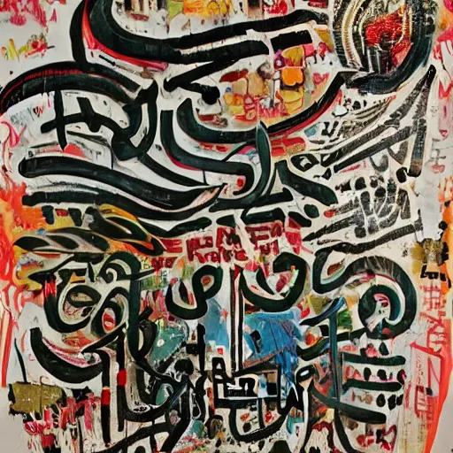 Prompt: arabic calligraphy, transylvanian folk art, in the style of graffiti, made by jean michel basquiat