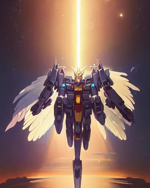 Image similar to highly detailed vfx portrait of an angelic gundam with wings of feathers beam saber fighting in space with a beam gun, unreal engine, greg rutkowski, loish, rhads, beeple, makoto shinkai and lois van baarle, ilya kuvshinov, rossdraws, tom bagshaw, alphonse mucha, global illumination, detailed and intricate environment