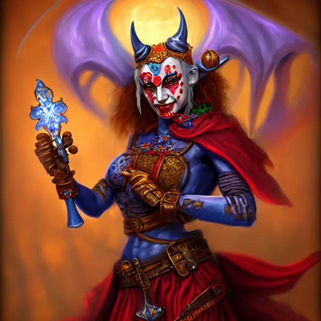 Image similar to beautiful jester warrior, highly detailed, 8 k, hdr, award - winning, trending on artstation, anne stokes