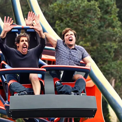 Image similar to ben stiller and jack black on rollercoaster, screaming!, hands in the air, highly detailed, high resolution, candid