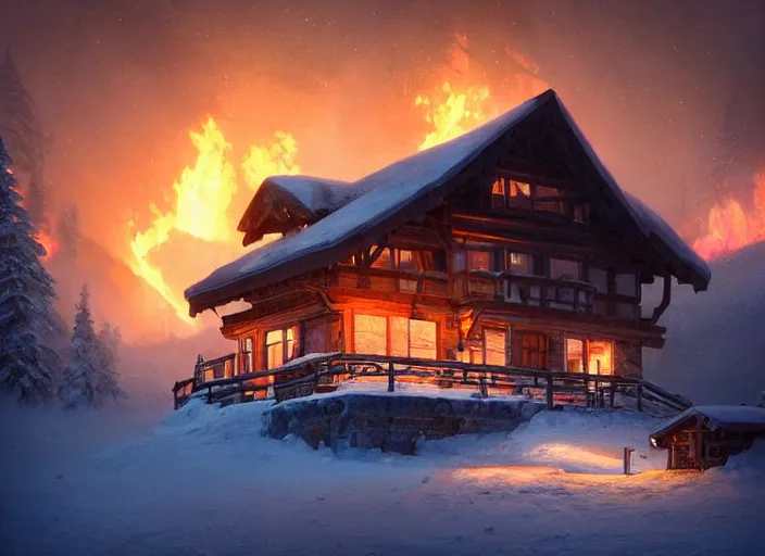 Image similar to mountain chalet covered in fire, smoke, sunrise, snow, sharp details, sharp focus, elegant, highly detailed, illustration, by Jordan Grimmer and greg rutkowski and PiNe(パイネ) and 薯子Imoko and 香川悠作 and wlop and maya takamura, intricate, beautiful, Trending artstation, pixiv, digital Art