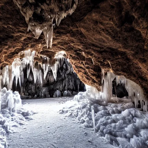 Prompt: a realistic photograph of inside a cave with icicles and stalagmites around, peering into a beach