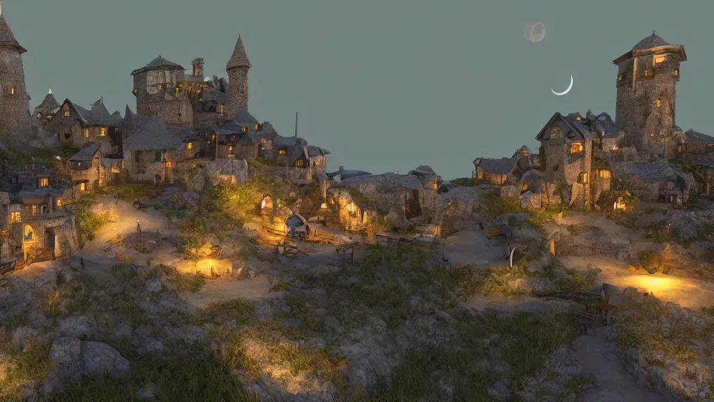 Prompt: A medieval fantasy village on the side of a cliff by the ocean , crescent moon, light glowing from windows at night realistic concept art unity engine raytracing 8K