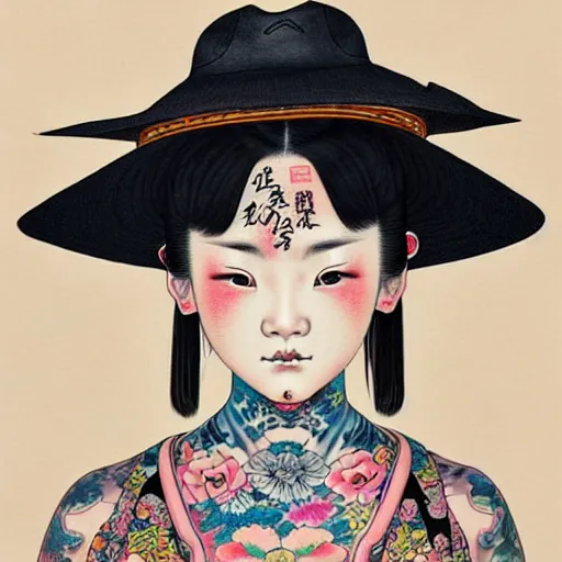 Image similar to full view of a girl from the qing dynasty with tattoos, wearing a cowboy hat, style of yoshii chie and hikari shimoda and martine johanna, highly detailed