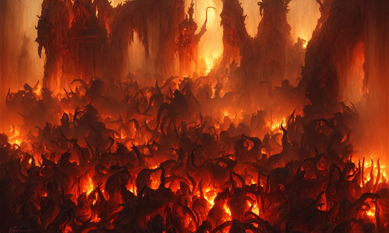 Prompt: Purgatory gate. A crowd of sinful people is burning in hell in hellfire. The gateway to the infernal underworld. Devils demons and ghouls torment sinful people, highly detailed, digital painting, artstation, concept art, smooth, sharp focus, illustration, art by artgerm and greg rutkowski and alphonse mucha