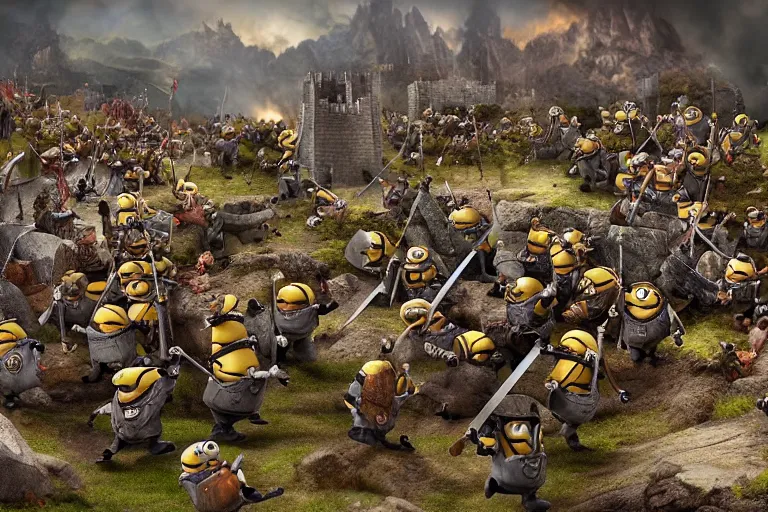 Image similar to diorama of minions fighting orcs in the battle of helm's deep, giant castle walls, realistic, 4 k, detailed