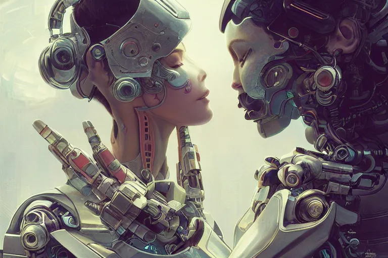 Image similar to Ultra realistic illustration, two women kissing a robot, cyberpunk, sci-fi, fantasy, intricate, elegant, highly detailed, digital painting, artstation, concept art, smooth, sharp focus, illustration, art by artgerm and greg rutkowski and alphonse mucha