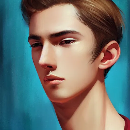 Image similar to colorful Captivating teenage boy with brown blond short quiff hair and thin facial structure with cleft chin, crooked nose, good definition of cheekbones, Alert brown eyes, narrow face, slim body, wearing a detailed Japanese kimono with golden details, atmospheric lighting, painted, intricate, 4k, highly detailed by Charlie Bowater