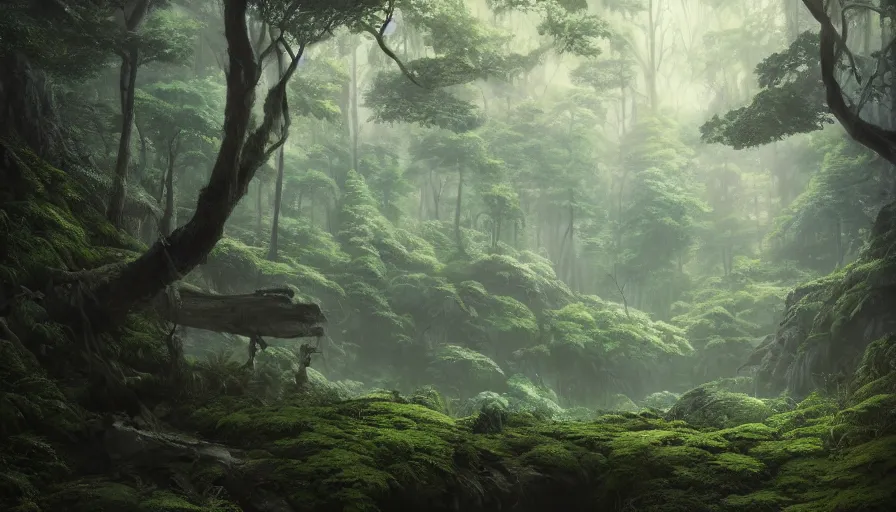 Prompt: A highly detailed matte painting of a dense forest by Mokoto Shinkai, hyperrealistic, breathtaking, beautiful composition, by Artgerm, by beeple, by Studio Ghibli, volumetric lighting, octane render, detailed, oil painting, 4K resolution, trending on artstation