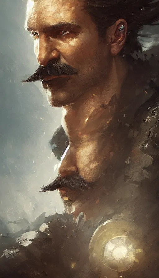Prompt: Portrait of a middle aged knight with a large moustache, male, detailed face, fantasy, highly detailed, cinematic lighting, digital art painting by greg rutkowski