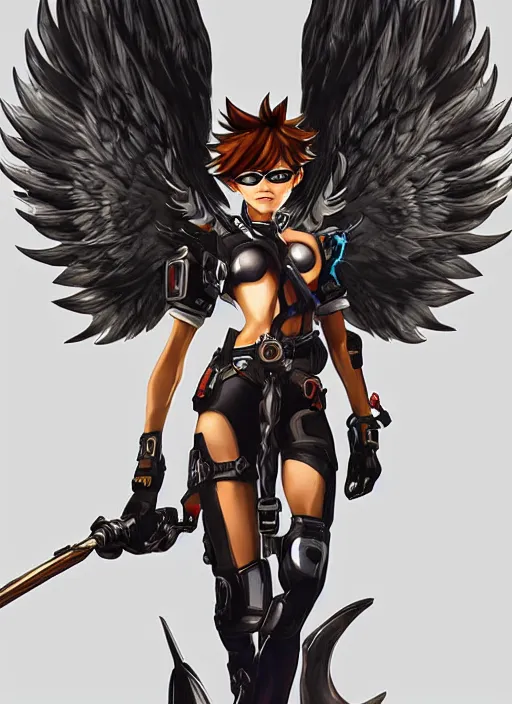 Image similar to full body oil painting of tracer overwatch in style of biblical art, angel wings, dramatic painting, symmetrical composition, wearing detailed leather collar, black shiny armor, chains, black harness, detailed face and eyes,