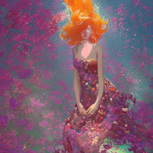 Image similar to Ginger woman in a swirling sundress of flowers, underwater, floral explosion, radiant light, vortex of plum petals, by WLOP, Victo Ngai and artgerm, artstation, deviantart