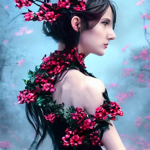 Image similar to beautiful girl in a dress made of black roses and cherry blossoms, beautiful portrait, symmetrical, character concept style trending on artstation concept art detailed octane render cinematic photo - realistic 8 k high detailed