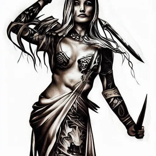 Image similar to knife saint, tattoo design, stencil by artgerm,