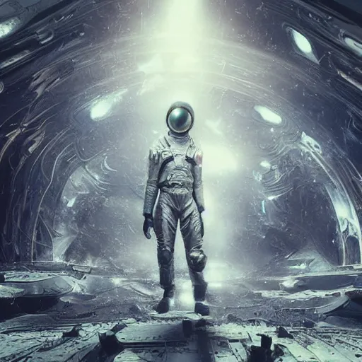 Image similar to concept art by craig mullins infrared complex and hyperdetailed technical astronaut suit in futuristic dark and empty spaceship underwater. mandelbulb fractal. reflection and dispersion materials. rays and dispersion of light. volumetric light. 5 0 mm, f / 3 2. noise film photo. flash photography. unreal engine 4, octane render. interstellar movie art