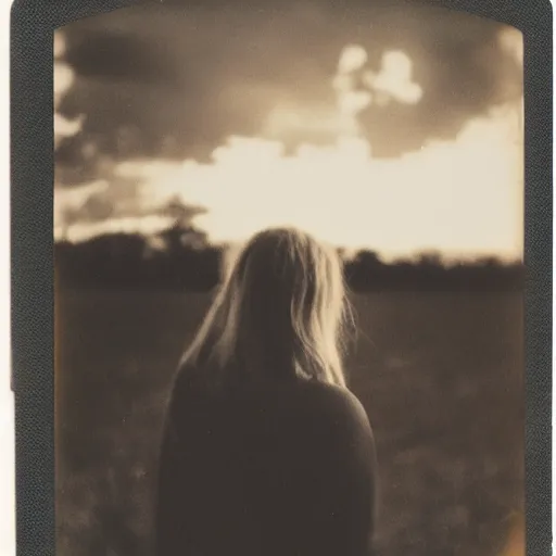 Prompt: an aged polaroid photo of a young woman seen from behind, a gigantic alien monster looms in the distance, detailed clouds, warm azure and red tones, film grain, color bleed