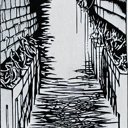 Image similar to ink pen drawing of a dark sewer with a man's silhouette, inverted colors