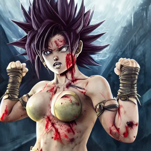 Image similar to fistfight, bloody, brutal, warrior girl, muscular girl, wild spiky black saiyan hair, long spiky hair, electrified hair, fistfighting, ultra realistic, intricate details, highly detailed, subsurface scattering, photorealistic, octane render, 8 k, art by artgerm, greg rutkowski, magali villeneuve, alphonse mucha