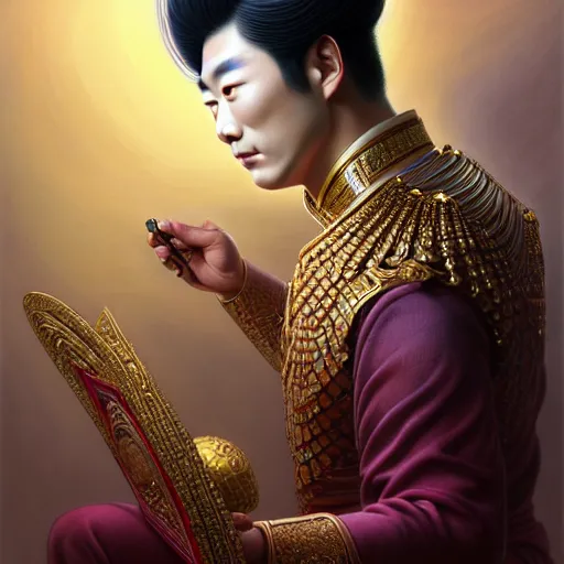 Image similar to pretty korean male dressed as king ramkhamhaeng of sukhothai, intricate, highly detailed, centered, digital painting, artstation, concept art, smooth, sharp focus, illustration, artgerm, tomasz alen kopera, peter mohrbacher, donato giancola, joseph christian leyendecker, wlop, boris vallejo