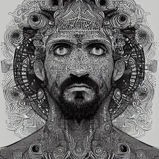 Image similar to Geometrically surreal Jesus, extremely high detail, photorealistic, intricate line drawings, dotart, album art in the style of James Jean