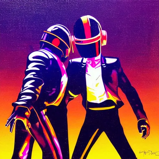 Image similar to painting of Daft Punk dancing on the stage in front of the crowd, colorful lights, illustration, artistic, hyper detailed,