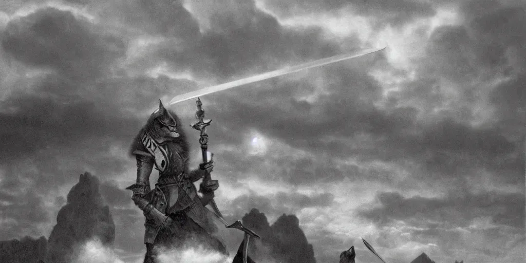 Image similar to anthropomorphic fox who is a medieval knight holding a sword towards a stormy thundercloud 1 9 3 0 s film still, castle in the background