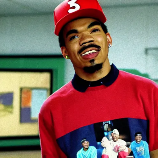 Image similar to a tv still of Chance The Rapper starring as a black college student at Jones College Prep in a 1993 sitcom