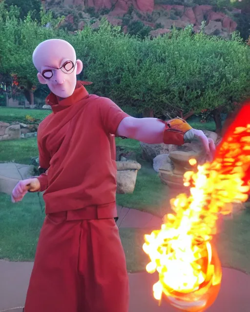 Prompt: [ squidward ] wearing fire nation clothing and practicing firebending outside at susnset