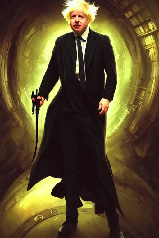 Image similar to Boris Johnson as Neo from Matrix, full body realistic portrait, highly detailed, muscular body, digital painting, artstation, concept art, smooth, sharp focus, illustration, cinematic lighting, art by artgerm and greg rutkowski and alphonse mucha