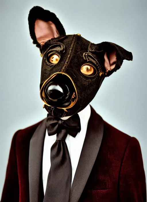 Image similar to a fashion portrait photograph of a dog in a suit wearing mask designed by jean paul gaultier, 3 5 mm, color film camera, pentax