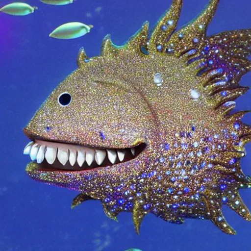 Image similar to A diamond encrusted killer fish with jeweled teeth, very scary